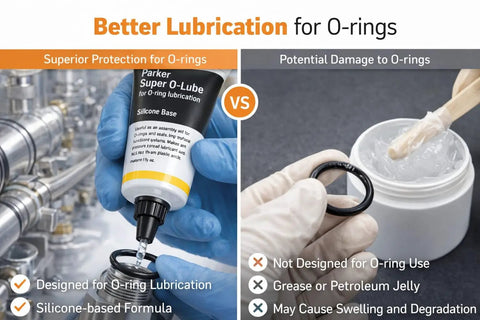 Comparison of silicone O-ring lubricant and petroleum jelly for O-ring lubrication and potential damage risks.