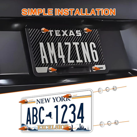 Spike Shape Anti Theft License Plate Screws Kit, 4 Pack, installed on black car, showing orange aluminum bolts in street style.