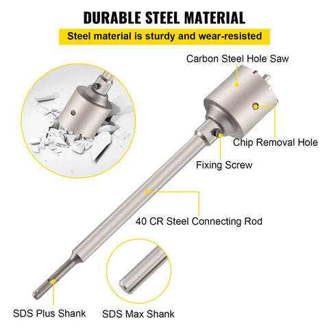 Heavy-Duty Concrete Hole Saw Kit With SDS Plus And SDS Max Shanks, 10-Piece Set close-up showing components and labels