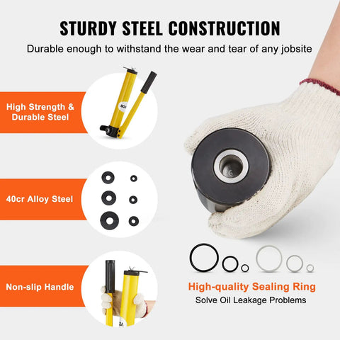 Gloved hand holding a steel die from the 10 Ton Hydraulic Knockout Punch Kit with icons showing its sturdy construction features.
