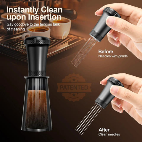 WDT Espresso Distribution Tool With Built In Cleaning Brush 0.35mm 10 Needle Distributor Plus Extra 10 Needles Aluminum Handle With Stand For Barista For Consistent Espresso Shots, black handle with brush needles