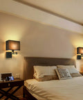 Bedroom with Swing Arm Wall Lamp With Dimmer And USB Port Wall Sconce Black Fabric Shade For Bedroom Living Room And Nurse Room Creates Cozy Mystical Atmosphere With Plug In Cord