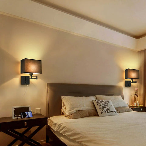 Bedroom with Swing Arm Wall Lamp With Dimmer And USB Port Wall Sconce Black Fabric Shade For Bedroom Living Room And Nurse Room Creates Cozy Mystical Atmosphere With Plug In Cord