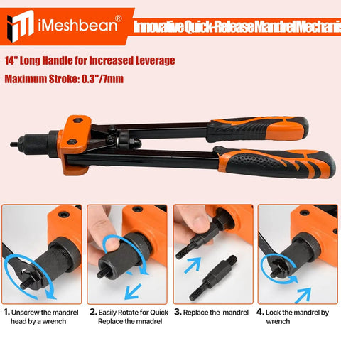 Top Shelf 14 Inch Heavy Duty Rivet Nut Tool With Easy Change Mandrels And Nose Pieces Perfect For Tight Spots Includes 70 Rivnuts Plus Metric And Sae Sets In A Sturdy Carrying Case You Will Love This Durable Hand Riveter Kit, quick-change mandrel close-up