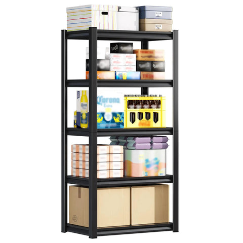 Heavy Duty Metal Storage Shelves showing five tier utility rack with various stored boxes and supplies in a garage setting.