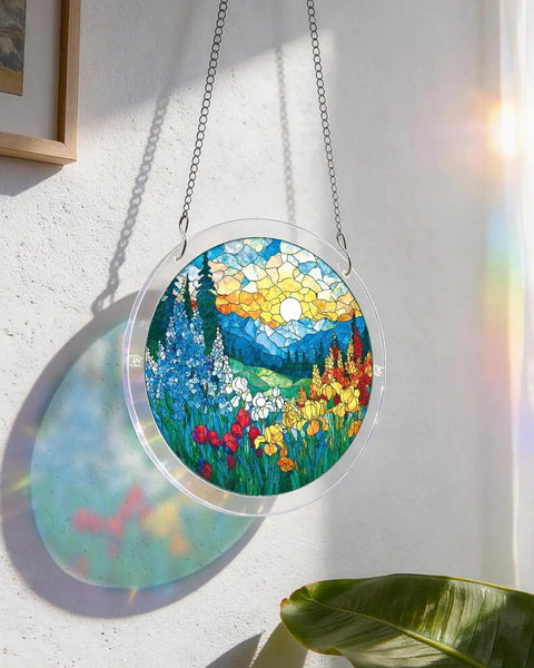 Moonlit Dragonfly Jigsaw Puzzle Sun Catcher Kit For Doors Garden And Window Hanging DIY Sun Catcher For Adults Unique Acrylic Light Casting Decor For Home Small Size Cozy Vibe hanging in sunlight casting colorful shadows on wall.