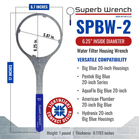 Heavy Duty Metal Water Filter Wrench For Big Blue Housings 6.25 Inch Inside Diameter Built Tough With Non Slip Grip For Pro Techs