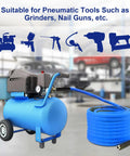 Built Like A Tank Heavy Duty Compressor Air Hose Measuring Three Quarters Inch By One Hundred Feet With Chicago Quick Connect Fittings And A Rugged Hybrid Rubber Pvc Composite Braided Core For Shop Grind attached to a blue air compressor with tools in background.
