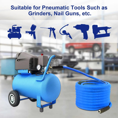Built Like A Tank Heavy Duty Compressor Air Hose Measuring Three Quarters Inch By One Hundred Feet With Chicago Quick Connect Fittings And A Rugged Hybrid Rubber Pvc Composite Braided Core For Shop Grind attached to a blue air compressor with tools in background.