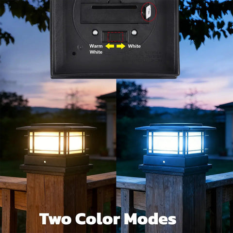 Boss Tier 4X4 Solar Post Cap Lights With Slick Black Shield And Dual Tone LED Panels For Vinyl Or Wooden Fences To Brighten Your Garden Deck Patio Area Daily showing warm and cool color modes on a wooden post.