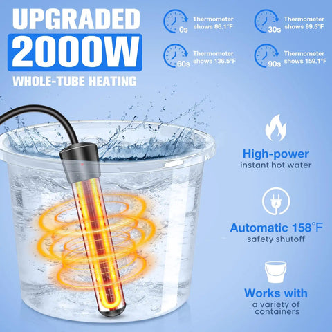 Portable Camping Shower With Heater 2000W submerged in water, demonstrating heating capability with thermometer readings.