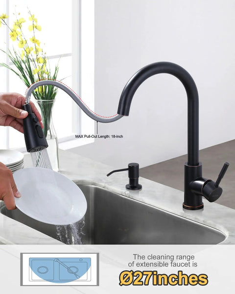 Oil Rubbed Bronze Kitchen Faucet With Soap Dispenser, 16 Inch High Arc Pull Down, Single Handle in use, showcasing extendable feature