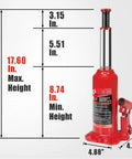 Front view of red 10-ton hydraulic bottle jack with lifting handle; min height 8.74 in, max height 17.60 in.