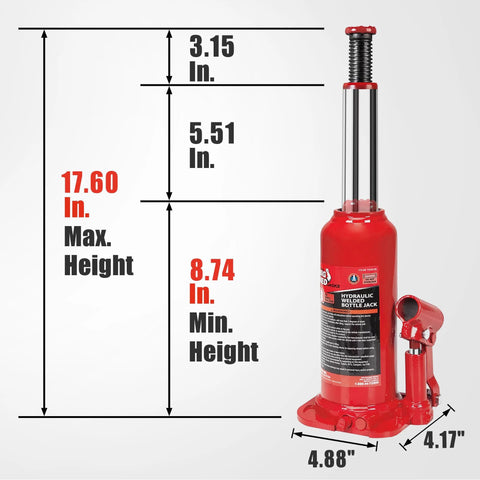 Front view of red 10-ton hydraulic bottle jack with lifting handle; min height 8.74 in, max height 17.60 in.