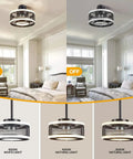 Dope Industrial Caged Ceiling Fan With Light Remote Control, Dimmable LED Ring, 3 Color Temperatures in a bedroom setting