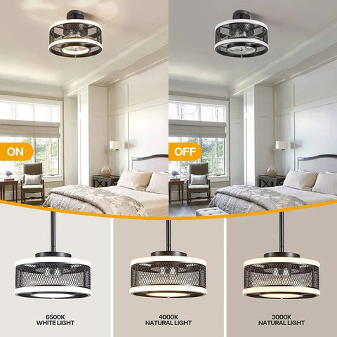 Dope Industrial Caged Ceiling Fan With Light Remote Control, Dimmable LED Ring, 3 Color Temperatures in a bedroom setting