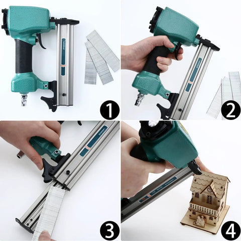Green nail gun shown with 18 Gauge Brad Nails Set With Galvanized Finish Pro Grade 2000 Pieces In Four Size Assortment 5/8 3/4 1 1-1/4 Inch