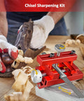 Heavy Duty Adjustable Honing Guide For Chisels And Planes That Delivers Rock Solid Fixed Angle Precision To Get You A Razor Sharp Badass Edge On Your Whetstone With Zero Fuss with red aluminum design.