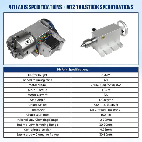 4th Axis Specifications including MT2 tailstock and motor details for Heavy Duty Cnc Milling 4Th And 5Th Axis Rotary Table Featuring 100Mm Three Jaw Chuck.
