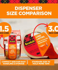 Dispenser size comparison for Heavy Duty Clear Packing Tape with Refillable Dispenser, showing 1.5 and 3.0 inch cores.