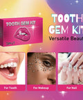 "Do It Yourself Tooth Gems Kit With Light At Home Teeth Jewelry Kit For Men And Women Pro Grade Dental Gem Set 2025 New Easy Application Safe Clean Drills Salon Quality Sparkle For Every Smile" box with images of tooth, makeup, and nail gems.