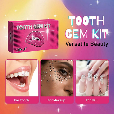 "Do It Yourself Tooth Gems Kit With Light At Home Teeth Jewelry Kit For Men And Women Pro Grade Dental Gem Set 2025 New Easy Application Safe Clean Drills Salon Quality Sparkle For Every Smile" box with images of tooth, makeup, and nail gems.