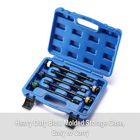 Five Piece One Half Inch Drive Torque Limiting Extension Bar Set With Color Coded Ends in Blue Carry Case