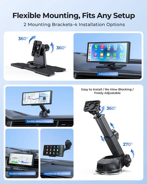 9.26 Inch Wireless CarPlay Screen With 4K Dash Cam And HD Backup Camera mounted on car dashboard, flexible mounting options visible.