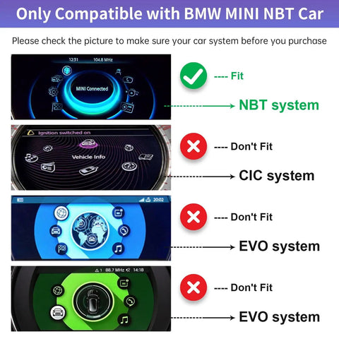 Compatibility guide for Wireless CarPlay Android Auto Retrofit Kit For BMW Mini Cooper NBT System 2014 To 2018 Upgrade
