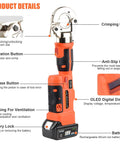 Rechargeable Electric Hydraulic Crimping Tool delivers 12 Ton force, features OLED digital display and anti-slip wrap for cables.