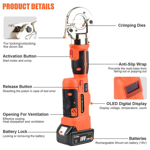 Rechargeable Electric Hydraulic Crimping Tool delivers 12 Ton force, features OLED digital display and anti-slip wrap for cables.