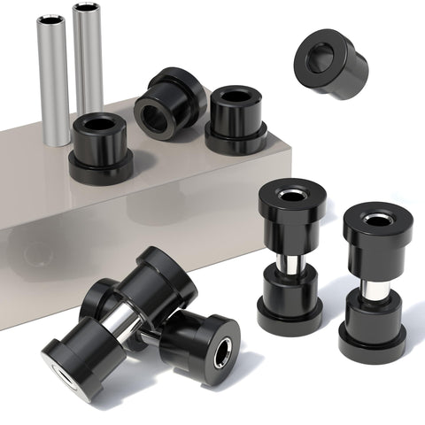 Golf Cart Spring Bushing Kit for EZGO TXT Medalist 1994 Up and Club Car DS 1981 Up Rear Leaf Springs Shackles Bushing Sleeve Replacement, Durable Rubber Bushings for Quiet Smooth Ride with black bushings and metal sleeves.