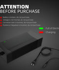 54.6V 2A Fast Electric Bike Charger For 48V Batteries shows alerts for charging status and compatibility precautions.