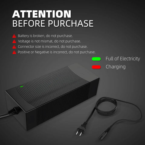 54.6V 2A Fast Electric Bike Charger For 48V Batteries shows alerts for charging status and compatibility precautions.