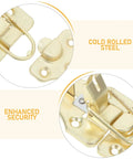 Close-up of Six Piece Golden Metal Hasp Latches With Strong Locking Toggle For Toolboxes Trunks Cabinets And Chests To Secure Your Gear.