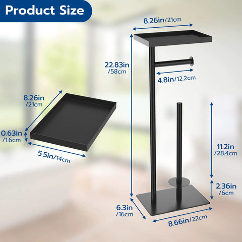 Dimensions of super durable stainless steel floor standing toilet paper holder stand with extra top shelf storage.