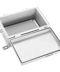 Waterproof IP67 ABS Plastic Electrical Junction Box Enclosure With Hinged Cover, open view showing interior and mounting plate.