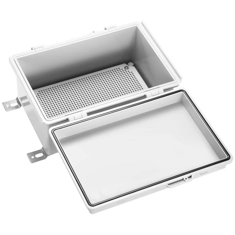 Waterproof IP67 ABS Plastic Electrical Junction Box Enclosure With Hinged Cover, open view showing interior and mounting plate.