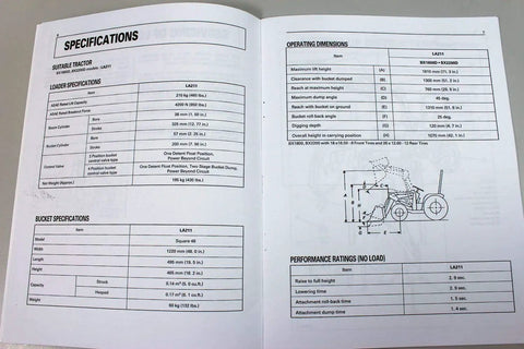Front Loader Model LA211 Operators Manual For DIY Farming And Heavy Equipment Care A Complete Factory OEM Reproduction Guide For Service Parts And Maintenance With Clear Step By Step Instructions open page showing specifications chart and diagram