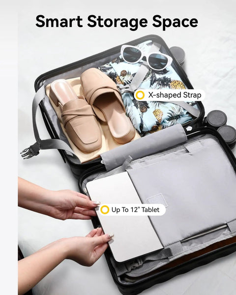 Open view of Underseat Carry On Luggage With Spinner Wheels Polycarbonate Hard Shell 17.5 By 12 By 8 Inches Airline Approved 23 Liters