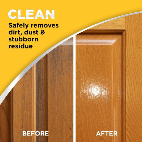 Revive Your Wood Furniture And Kitchen Cabinets With This Deep Cleaning Polish Bundle That Sweeps Away Grime Dust And Scratches While Locking In A Glossy Finish With UV Protection, showing before and after cleaning wooden cabinet.