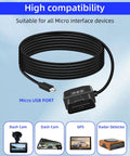 OBD2 To Micro USB Power Cable For Dash Camera 24 Seven Hardwire Charger, 11.5 ft cable, black, with OBD and Micro USB connectors