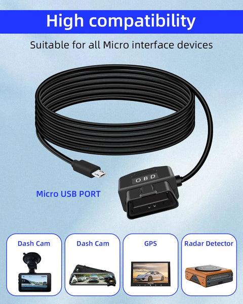 OBD2 To Micro USB Power Cable For Dash Camera 24 Seven Hardwire Charger, 11.5 ft cable, black, with OBD and Micro USB connectors