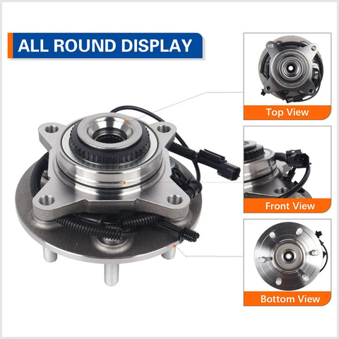 Front Wheel Hub Bearing Assembly For 2018 2019 Ford F-150 4WD With ABS Premium Replacement displayed from top, front, bottom views