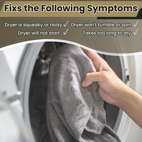 Hand holding clothes in dryer highlighting No Fuss Heavy Duty Dryer Roller Kit Replacement For Front Load And Top Load Dryers
