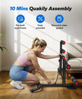 Adjustable Blue Steel Squat Assist Frame For Glute And Quad Growth Heavy Duty Beast Mode Leg Day Crusher With Four Resistance Levels Portable Home Gym Gear being assembled by a woman.
