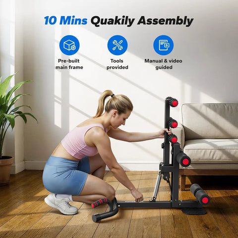 Adjustable Blue Steel Squat Assist Frame For Glute And Quad Growth Heavy Duty Beast Mode Leg Day Crusher With Four Resistance Levels Portable Home Gym Gear being assembled by a woman.
