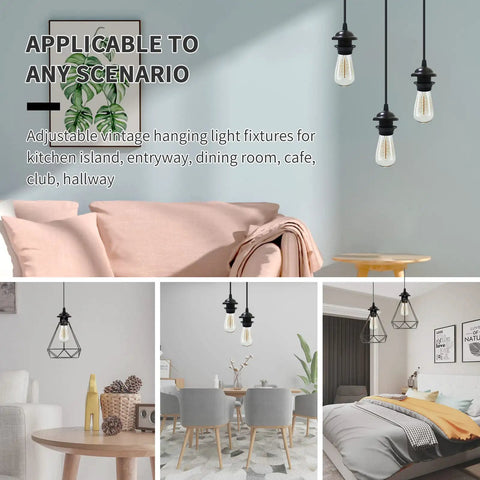 Industrial Mini Pendant Light Kit With Edison Retro Vibe And UL E26 Socket Vintage Pendant Cord Adjustable Ceiling Hanging Lights For Kitchen Island Living Room Bar Black shown in living spaces.