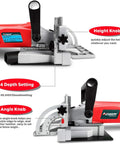 No Frills 8.5 Amp Biscuit Jointer With 4 Inch Carbide Blade, showing height and angle knobs for precise adjustments.