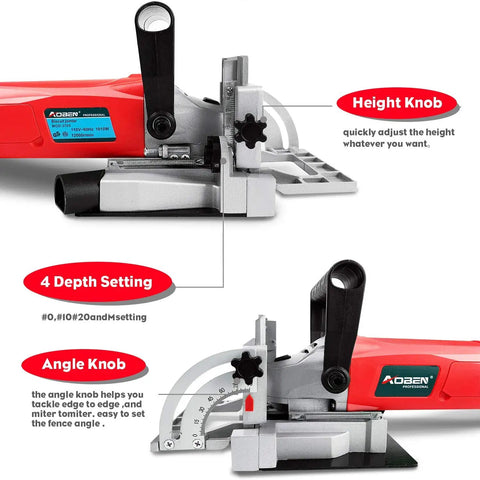 No Frills 8.5 Amp Biscuit Jointer With 4 Inch Carbide Blade, showing height and angle knobs for precise adjustments.